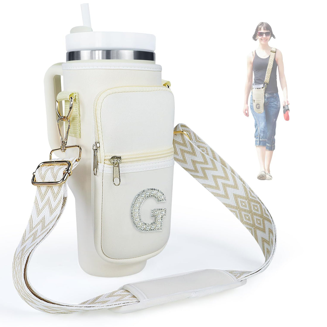 Water Bottle Holder with Strap for Stanley 40 oz Tumbler Initial A-Z Water Bottle Carrier Sling Bag with Pouch Phone Pocket Handle Crossbody Water Bottle Holder Case Sleeve for Walking Camping Gym