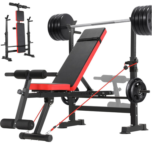 6 in 1 Adjustable Weight Bench with Squat Barbell Rack and Removable Foot Bracket 600lbs Bench Press Set Workout Bench with Weight Storage Sit up Incline Flat Decline Strength Training for Home Gym