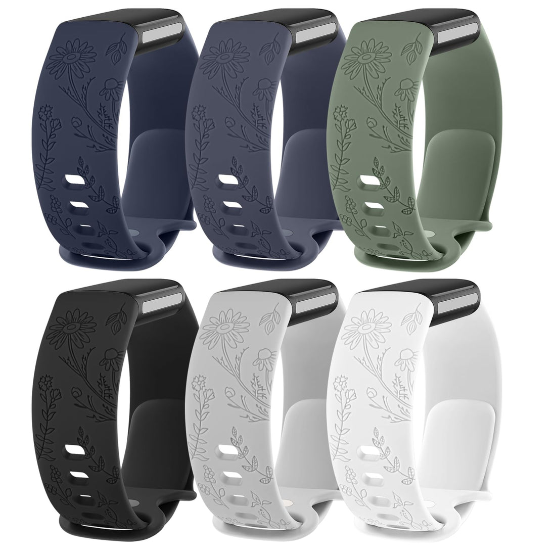6 PACK Bands Compatible with Fitbit Charge 6 Bands Women Engraved Floral Pattern Silicone Replacement Wristbands Strap for Fitbit Charge 6 / Fitbit Charge 5 Fitness Tracker Accessories (Black+Grey+White+Navy Blue+Blue Grey+Avocado)