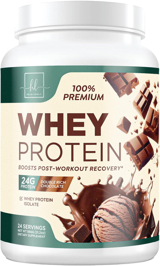 Whey Protein Powder Rich Double Chocolate Whey Isolate with 24g Protein & BCAAs - Support Muscle Growth Recovery & Fitness - Gluten Free Fast Absorbing Easy Digesting for Women & Men - 24 Servings