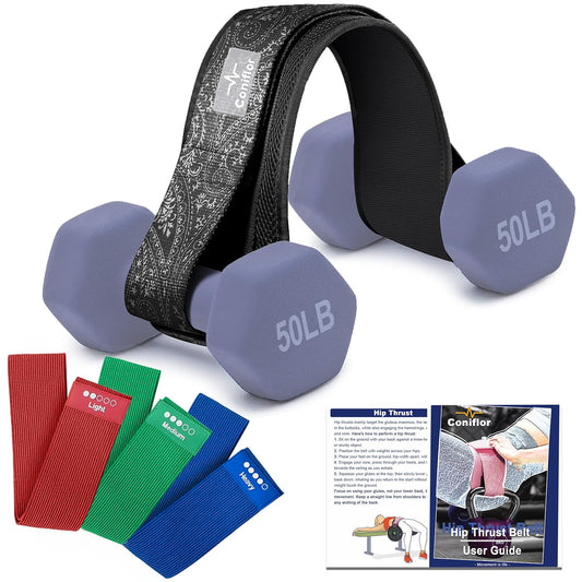 Coniflor Hip Thrust Belt with 3 Fabric Resistance Bands - Adjustable Fitness Belt for Dumbbells Kettlebells Plates - Support Up to 100 lbs - Upgrade Slip-Resistant Pad for Glute Workouts at Home Gym