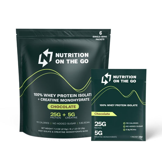 Nutrition On The Go Chocolate Whey Protein Powder with Creatine - 25g Protein 5g Creatine - Single-Serve Packets for Travel Gym Recovery On-The-Go Gluten-Free No Added Sugar - (6-Pack)