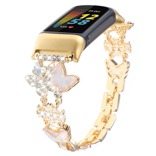 Metal Band Compatible with Fitbit Charge 6/ Fitbit Charge 5 Bands for Women Bling Cute Cartoon Charms Bracelet Chain Strap Jewelry Replacement Watchband for Fitbit Charge 5 6 Fitness Tracker (Butterfly Gold)