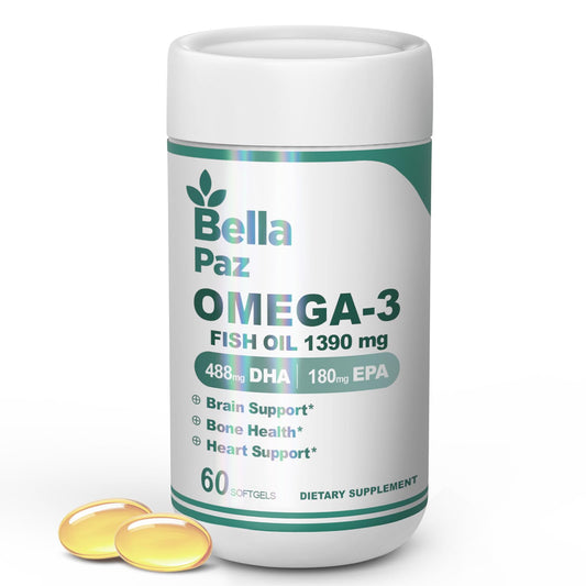 BELLAPAZ Omega 3 FishOil Supplements - 788 mg Omega-3 Fatty Acid Burpless 488 DHA & 180 EPA for Muscle Bone Heart Brain Support and Health Supplements for Fitness Sport Men and Women 60 Softgels